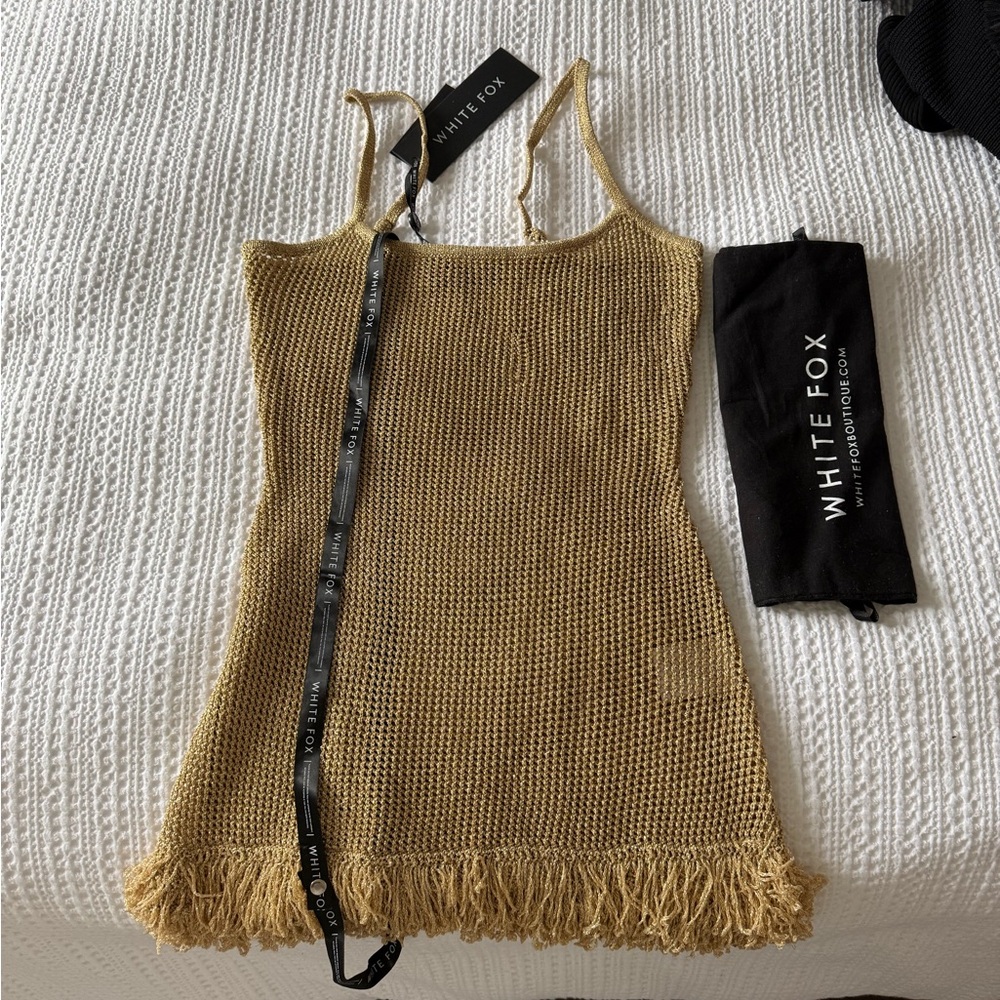 White Fox Gold Knit Fringe Dress